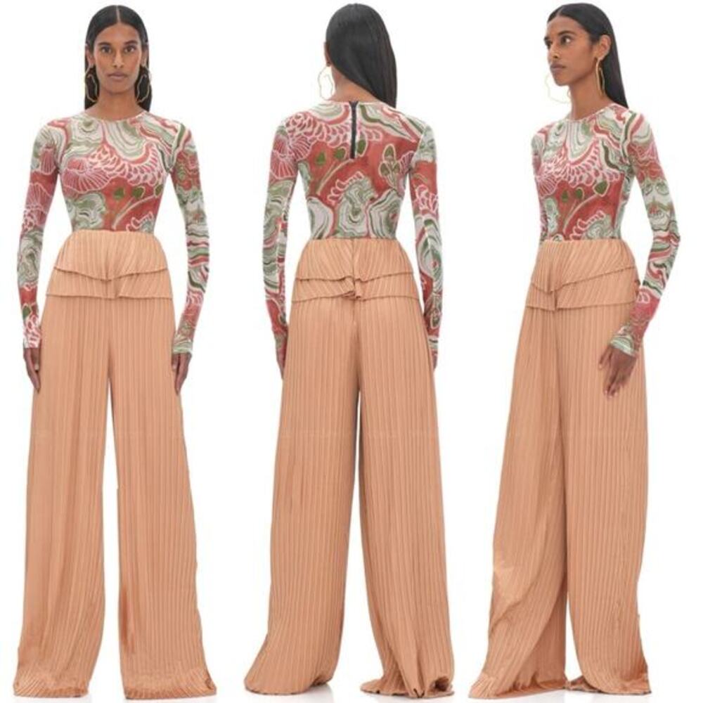 Andrea Iyamah Linea Toffee Pleated Wide-Leg Pants Peplum Waist